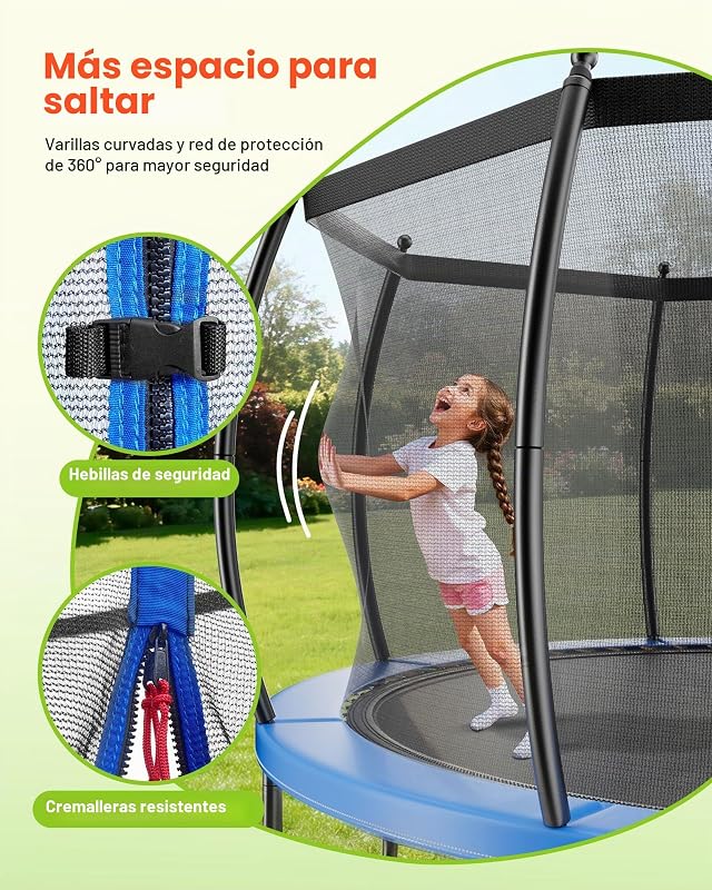 Trampolim ao ar livre 305 x 236 cm, trampolim infantil com rede protetora e almofada grossa, capacidade máxima de 150 kg, trampolim exterior, presente de aniversário para crianças