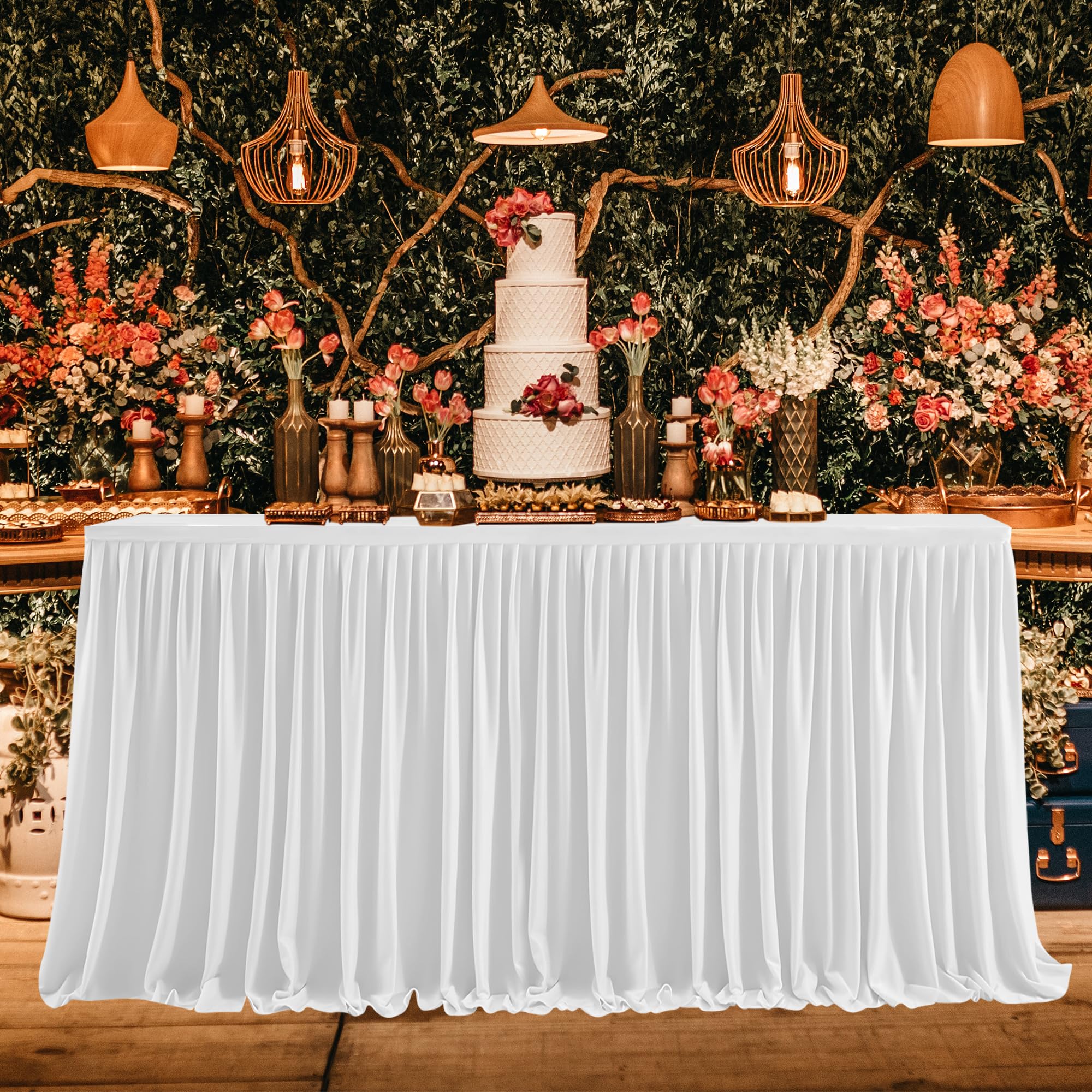 WedDecor White Table Skirt 17 Feet (204 x 30 inch) Pleated Rectangle Polyester Stretchable Tablecloth Cover For Wedding, Restaurant, and Special Events Dining Table Decoration, Luxury Table Cover, apc