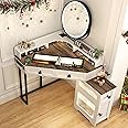SumKea Corner Vanity Desk with Mirror and Lights, Equipped with Charging Station Corner Makeup Vanity, Glass-Topped Dressing Table with Drawers and Shelves, Whtie