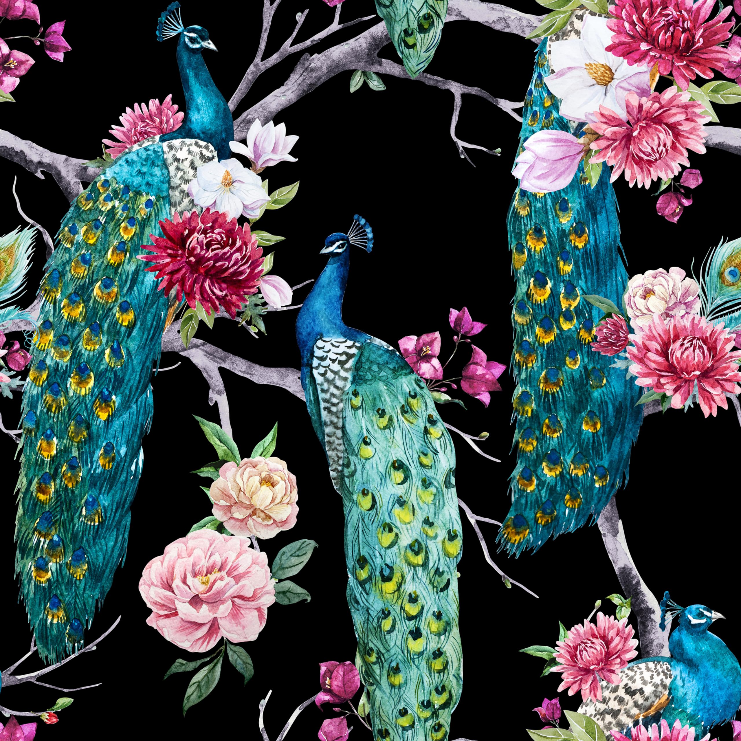 ReWallpaper 44.5cmX12m Peacock Wallpaper Pink Black Wallpaper with Flowers Sticky Back Plastic Patterned Blue Paste The Wall Floral Pink for Living Room Kitchen Wallpapers Peel and Stick