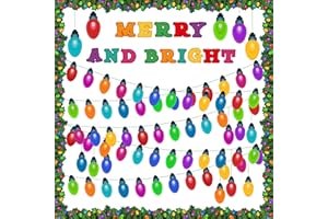 BkeeCten 134pcs Christmas Light String Merry and Bright Bulletin Board Set with 10 Sheets Glue Dots, Christmas Colorful Bulb Patterns Paper Cut-Outs for School Classroom Bulletin Board Decor