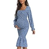 Maternity Fall Floral Midi Bodycon Dresses, Long Puff Sleeve Square Neck Ruffle Hem Mermaid Baby Shower Dress Blue L