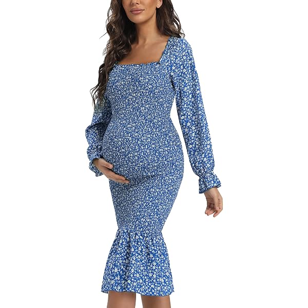 Maternity Fall Floral Midi Bodycon Dresses, Long Puff Sleeve Square Neck  Ruffle Hem Mermaid Baby Shower Dress Blue XL at Amazon Women's Clothing  store