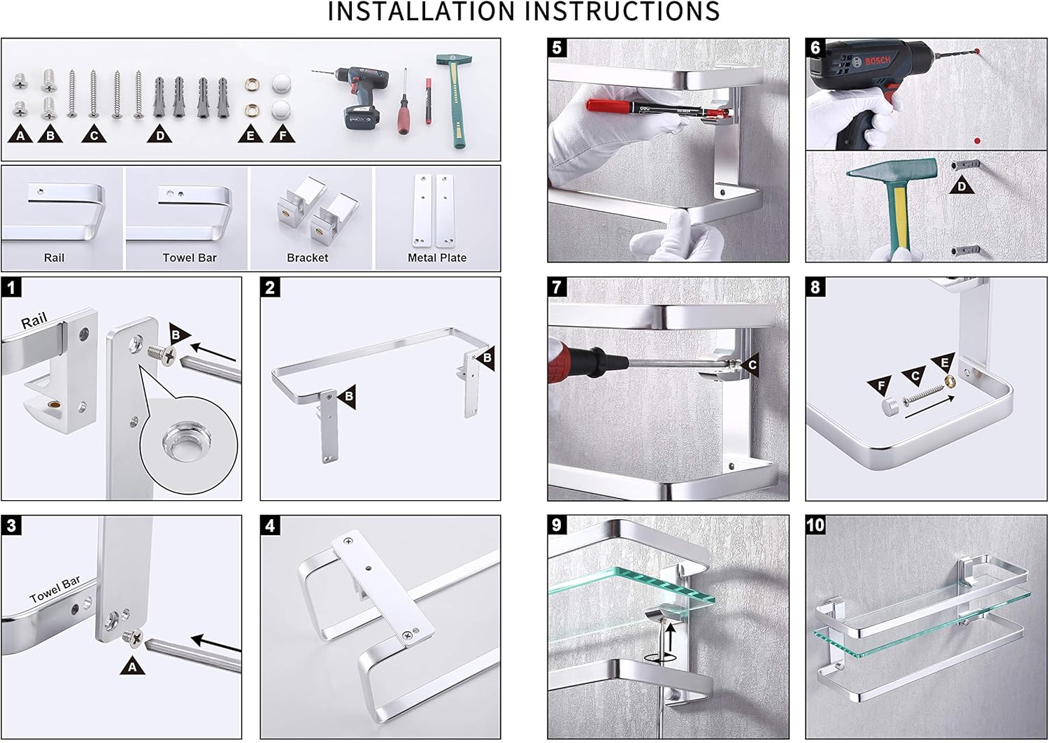 KES Bathroom Glass Shelf with Aluminum Towel Bar and Rail Extra 8MM