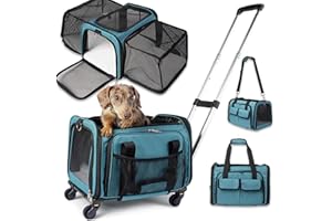 PICEA Pet Carrier with Wheels | United Delta American Frontier Airline Approved | Two Expandable Sides, Storage Pockets Adjustable Leash | Rolling Dog and Cat Carrier TSA Compliant (Blue 17x11x11)