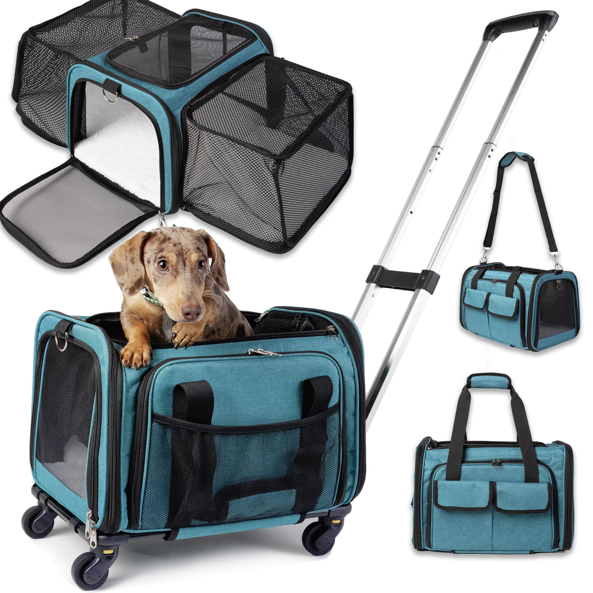 Photo 1 of Pet Carrier with Wheels | United Delta American Frontier Airline Approved | Two Expandable Sides, Storage Pockets Adjustable Leash | Rolling Dog and Cat Carrier TSA Compliant (Blue 17x11x11)