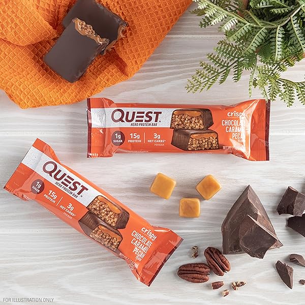 QUEST NUTRITION CRISPY CHOCOLATE CARAMEL PECAN HERO PROTEIN BAR, 15G PROTEIN, 1G SUGAR, 3G NET CARB, GLUTEN FREE PROTEIN SNACK, KETO FRIENDLY, 12 COUNT