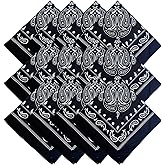 WG inc 100% Cotton Bandana, 12 Pack, Black Bandanas for Men, Multi Purpose Bulk Bandana Bikers Headband, 21 X 21 Inches, Unisex soft Bandanas
