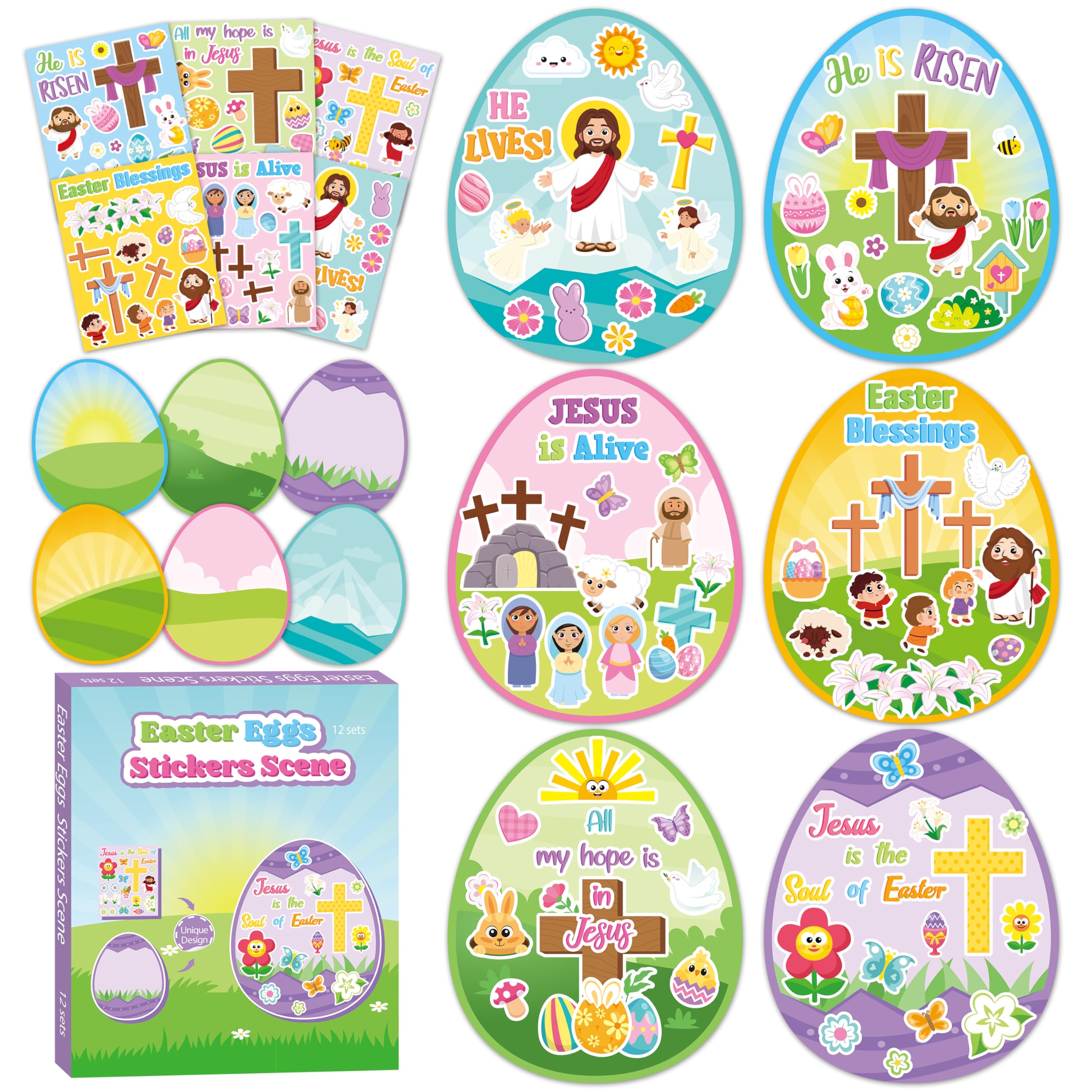 CY2SIDE Easter Egg Scene Sticker - 12 Set Religious Egg Stuffers Sticker for School Rewards, Make Your Own Easter Jesus Cross Scene Activities