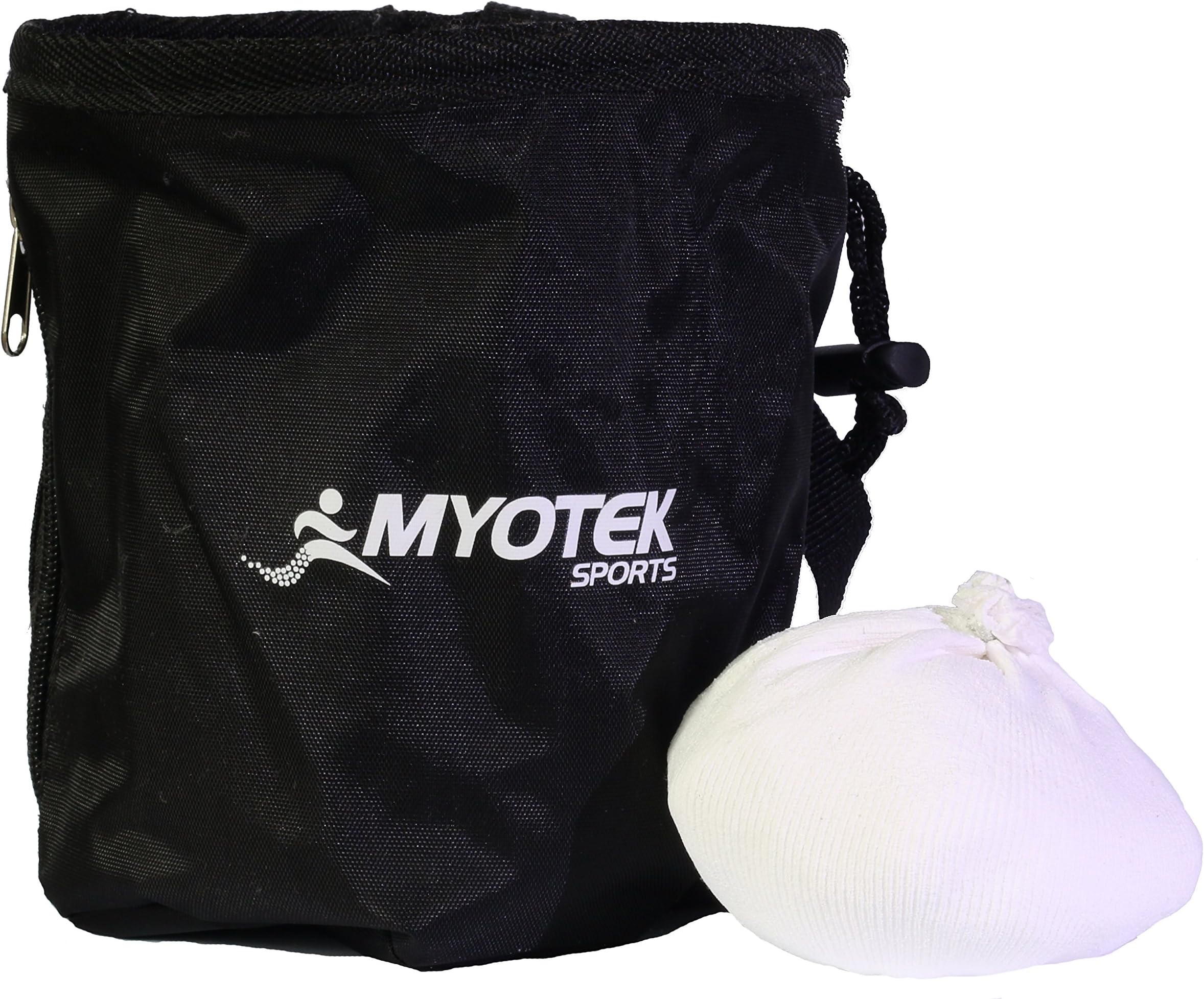 Myotek Chalk Bag and Ball Bundle for Rock Climbing, Gymnastics, Weightlifting, and Bouldering - 2oz Chalk Ball and Waist Belt Included - Large Size - Zippered Pocket for Valuables