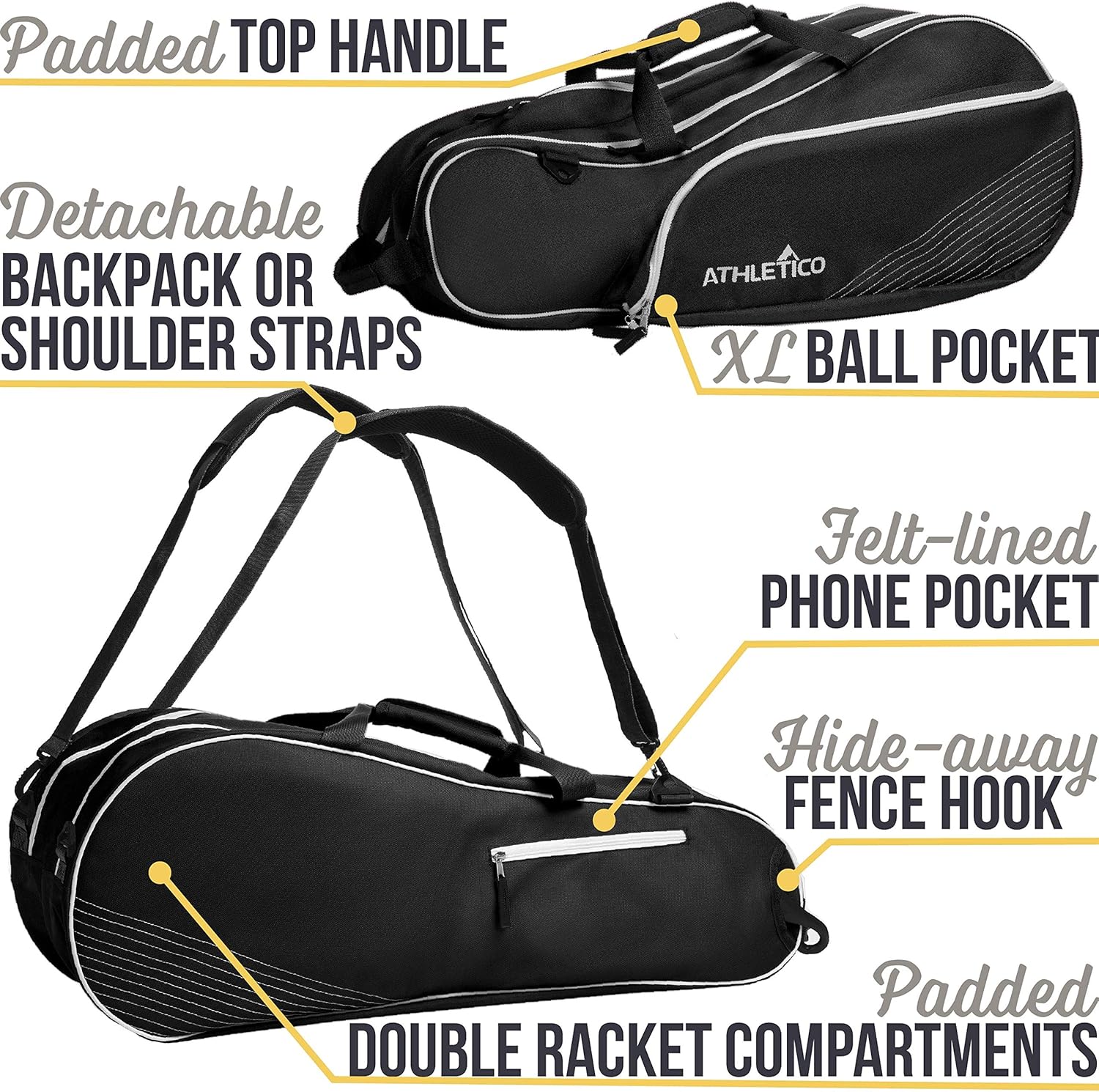 Athletico 6 Racquet Tennis Bag | Padded to Protect Rackets & Lightweight | Professional or Beginner Tennis Players | Unisex Design for Men, Women, Youth and Adults (Black) : Sports & Outdoors