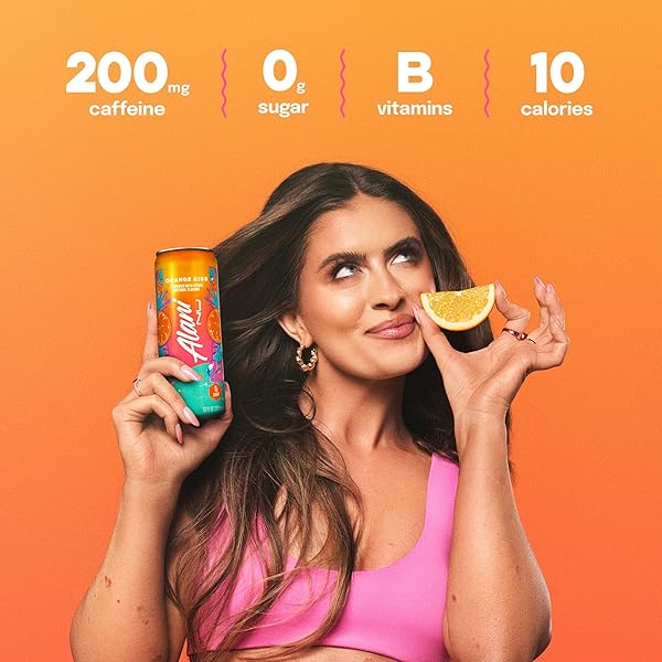 ALANI NU ORANGE KISS, SUGAR FREE, LOW CALORIE ENERGY DRINKS, 200MG CAFFEINE, BIOTIN, B VITAMINS, ZERO SUGAR, 10 CALORIES, 12 FL OZ CANS, 12 PACK