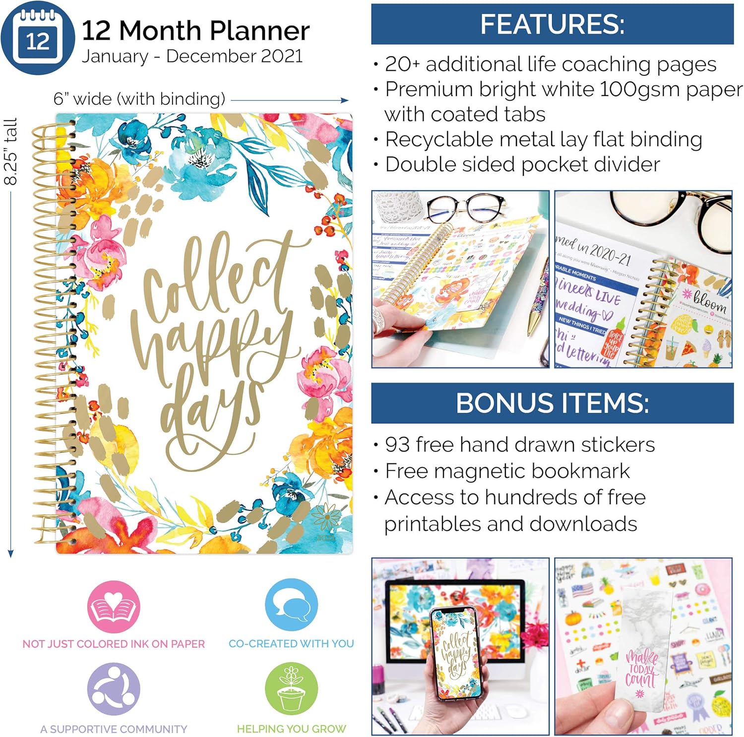 bloom daily planners 2021 Calendar Year Day Planner (January 2021 - December 2021) - 6” x 8.25” - Weekly/Monthly Agenda Organizer Book with Stickers & Bookmark - Collect Happy Days : Office Products