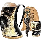 Viking Horn Mug 16oz set with Shot Glass Bottle Opener - 100% Authentic Home Decor Accessories food safe Natural Unique Viking Beer Gift for Men and Women