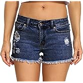 Foucome Women's Denim Shorts Summer Casual Low Waisted Frayed Raw Hem Ripped Denim Jean Shorts