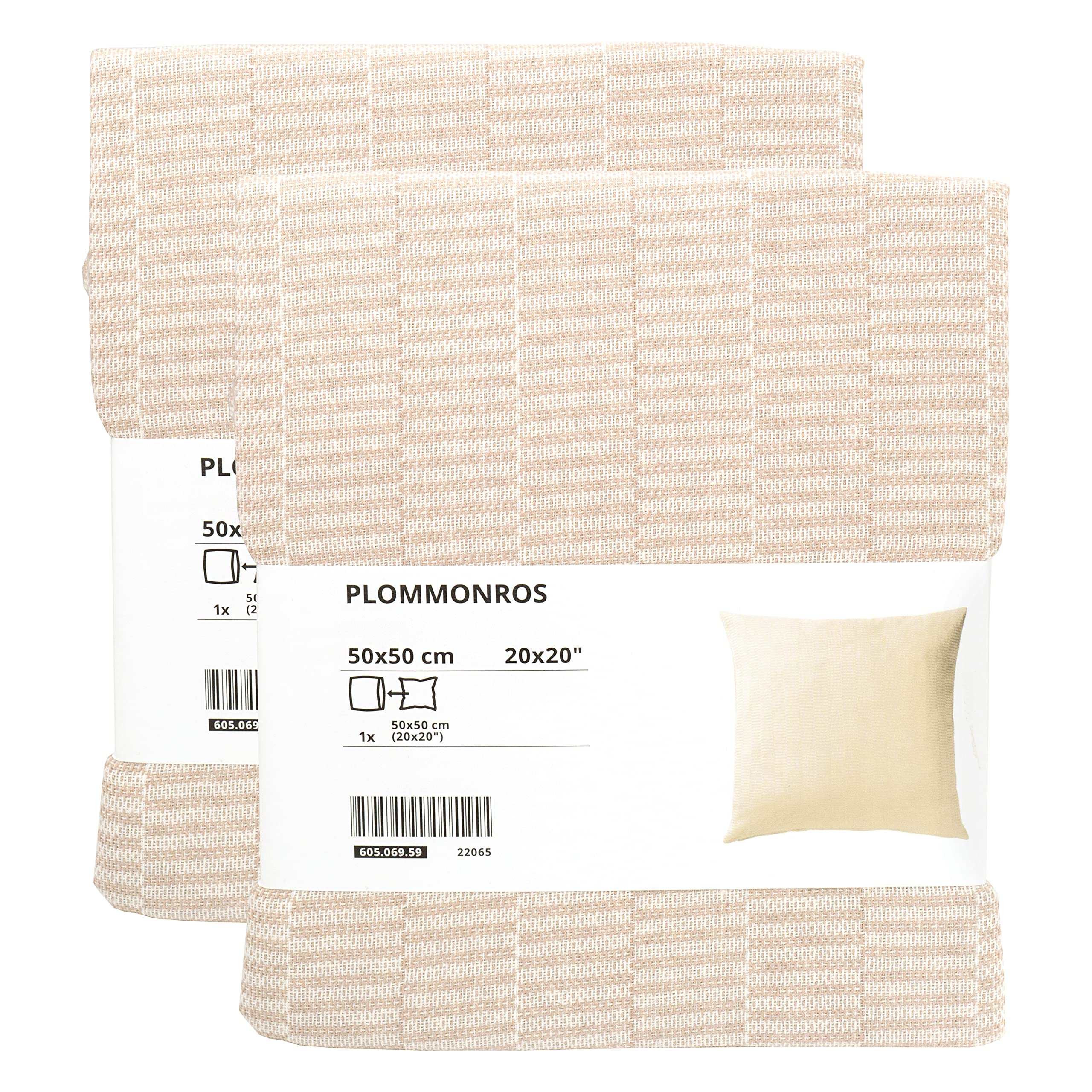 Ikea PLOMMONROS Cushion Covers, Beige/White Patterned, 50x50cm (20x20 Inches), 100% Cotton, Hidden Zipper, 605.069.59 - Set of 2