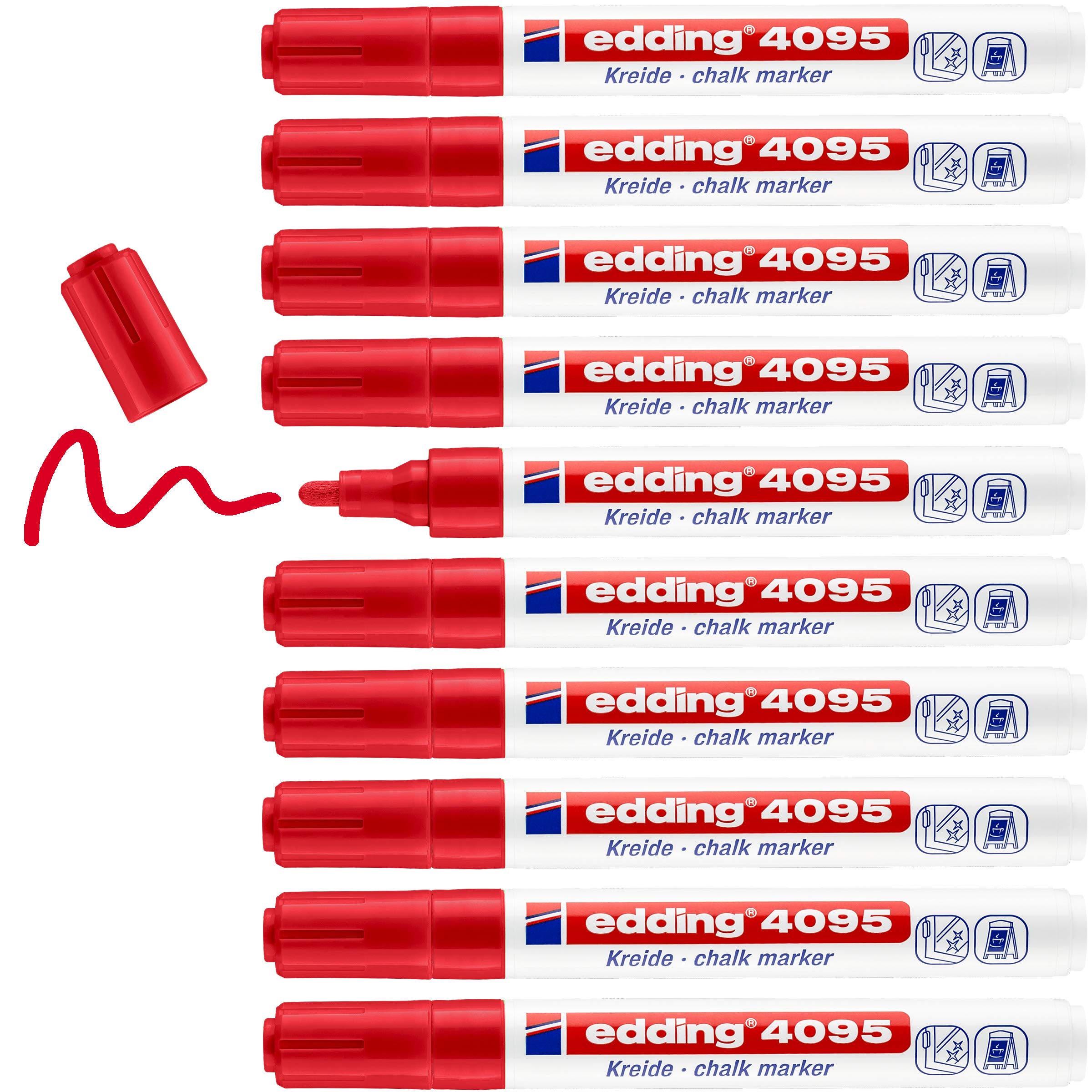 edding 4095 chalk marker - red - 10 chalk pens - round tip 2-3 mm - medium-tipped wet wipe pen for chalkboards, windows, glass, mirrors - liquid chalk marker pens for opaque coverage — image 1
