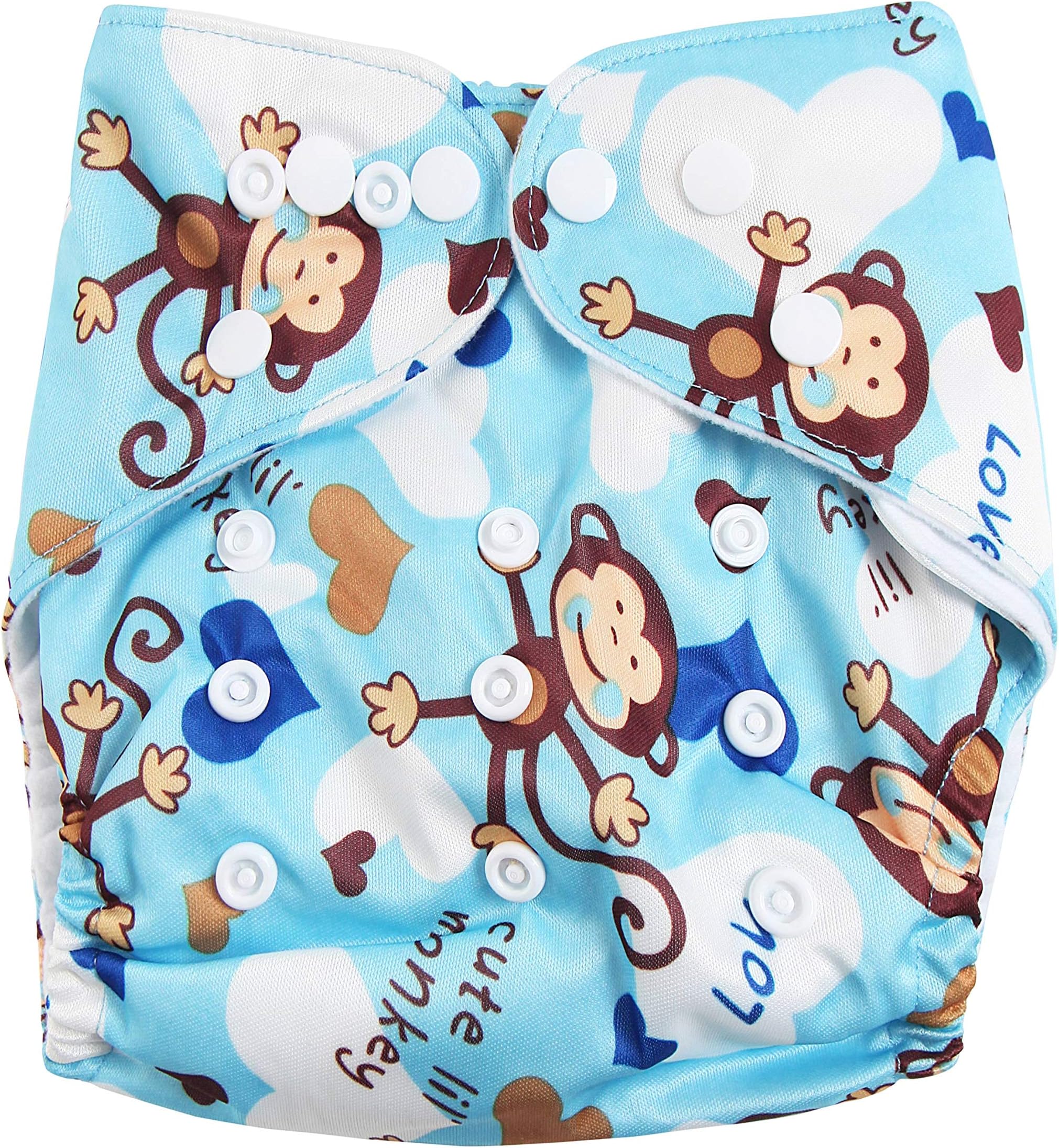 Wave Reusable, Washable, Soft, Adjustable, Double Row Nappy, Complete with 3 x 3-Layer Bamboo Machine Washable Insert Pads (Heart Monkey)