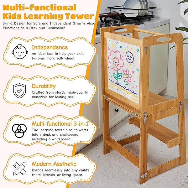 TODDLER TOWER – TODDLER STOOL FOR KITCHEN – 3-IN-1 TODDLER KITCHEN STEP STOOL – FOLDABLE TODDLER TOWER FEATURES: TABLETOP, STEP STOOL LADDER, AND WHITEBOARD WITH INCLUDED MARKERS AND DRY ERASER