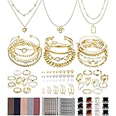 FAXHION 68 Pcs Gold Jewelry Set for Women with 7 Necklace, 17 Bracelet, 5 Hoop Earrings, 15 Stud Earrings, 24 Knuckle Rings for Women Jewelry Set for Women
