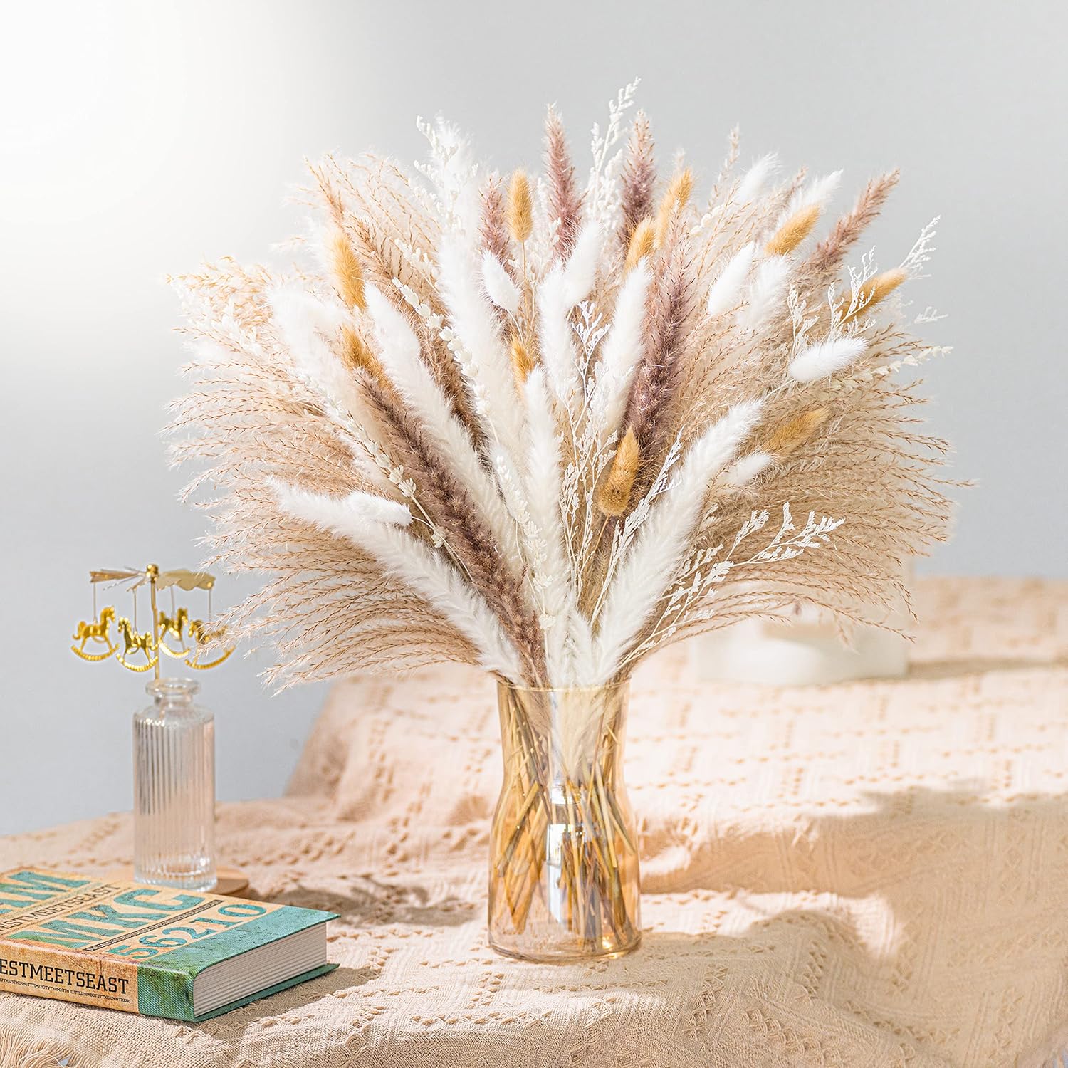 Dried & Preserved Flora - Natural Pampas Grass 8kind Grass Mix Bouquet | Dried Pampas Bouquet for Wedding Boho Flowers Home Table Decor Desk Decor, Rustic Farmhouse Decor (93PCS)