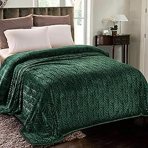 Whale Flotilla Flannel Fleece King Size(90x104 Inch) Lightweight Bed Blanket, Soft Velvet Bedspread Plush Fluffy Coverlet Palm Leaves Design Decorative Blanket for All Seasons, Dark Green