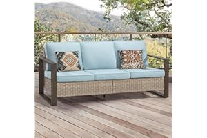 Gardenbee Patio Sofa Wicker 3-Seat Outdoor Couch with Deep Seating, High Back, Steel Frame and Non-Slip Cushion, Light Blue