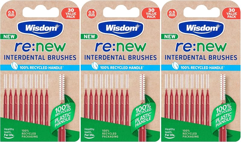 Wisdom re:new 0.5mm Interdental Brushes Pack of 90 – 3 x 30 Long Reach