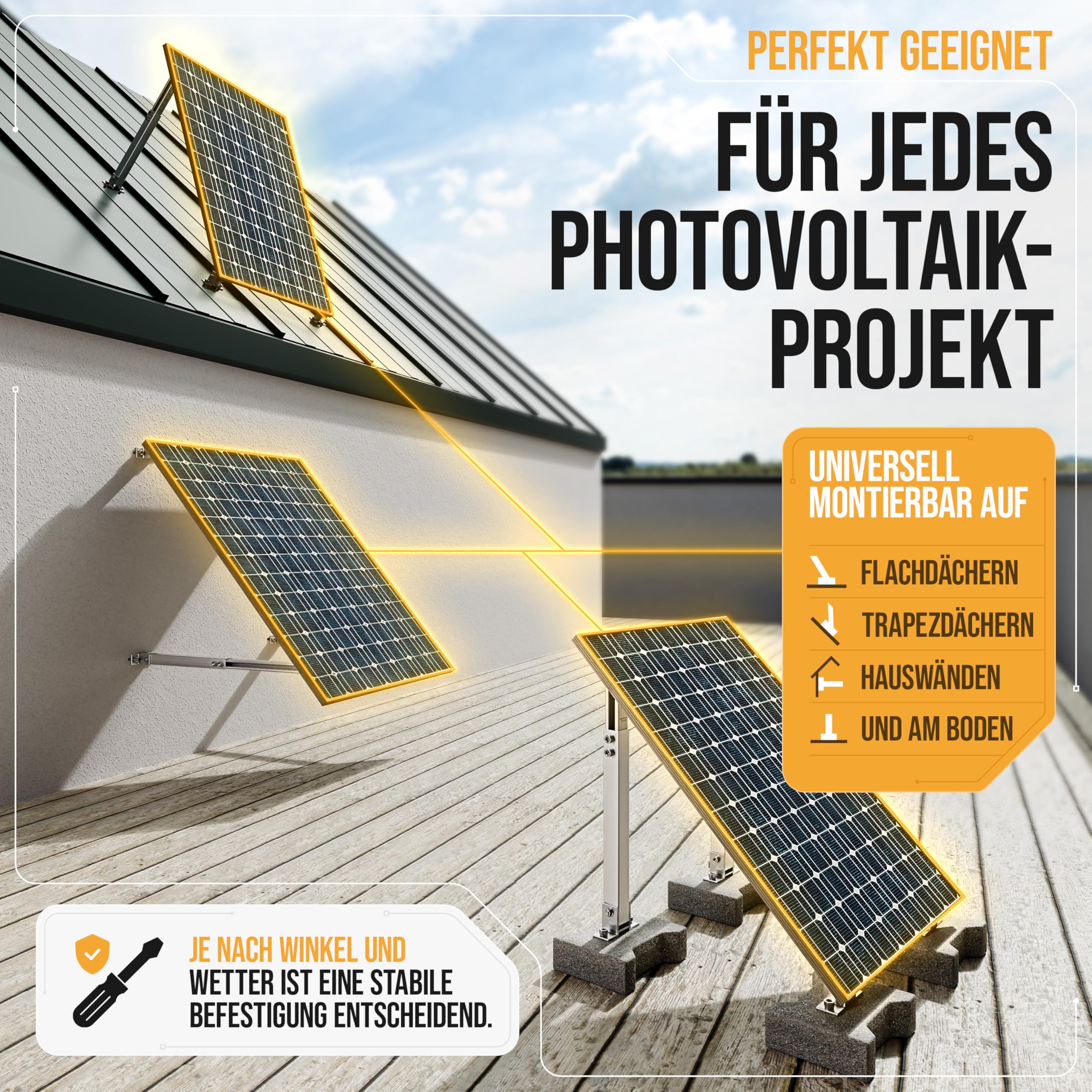 4x Balkonkraftwerk Halterung verstellbar. 0% MwSt. Stabiles Aluprofil mit Edelstahlschrauben. Für Flachdach, Wand etc. Aufständerung für 2x Solarmodule. Verstellbar zwischen 42 und 70cm - Lichtblicker 5