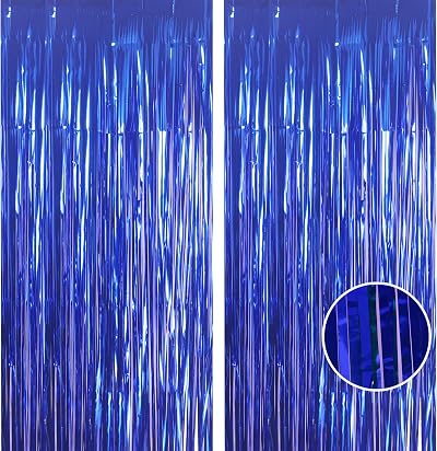 YAAVAAW 2pcs Glitter Dark Blue Tinsel Curtain Backdrop 3.2x8.3ft