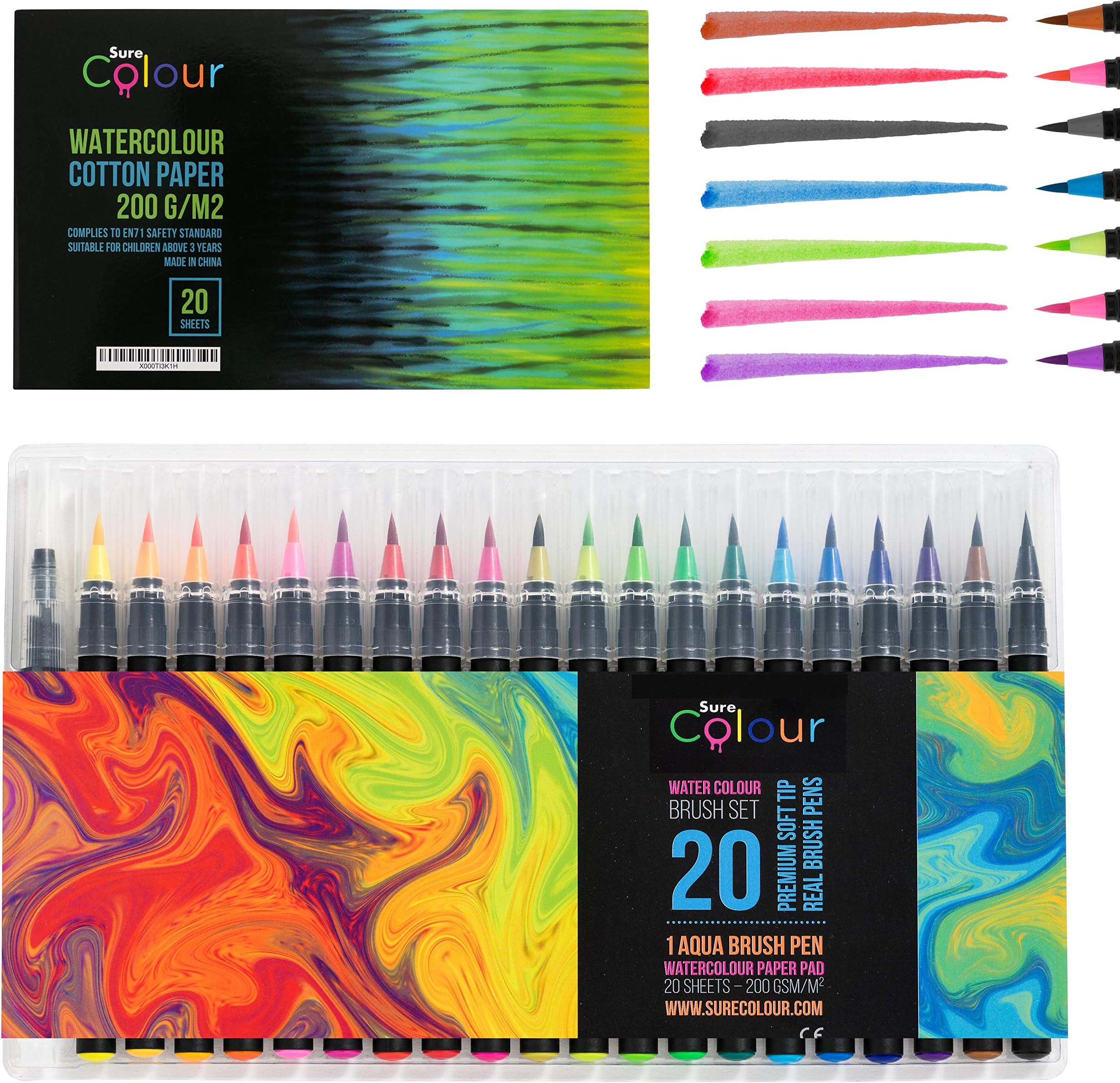 Premium Watercolour Brush Pen Set 20 Flexible Real Brush Tip Pens and 1 Refillable Water Brush Pen + Bonus 20 Sheet 200gsm Watercolour Art Pad The Perfect Full Watercolour Set