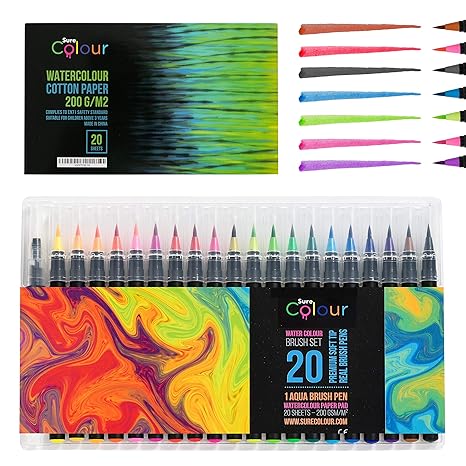 Premium-Aquarell-Pinsel-Stift-Set 20 flexible echte Pinselstifte und 1 nachfüllbarer Wasserbürstenstift + Bonus 20-Blatt-Aqua