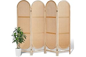 Asnefeli 4 Panels Room Dividers, Foldable Wooden Room Dividers, Individual Privacy Screens Made of Hand-Woven Rattan, Portable Wall Dividers for Home Office Bedroom Bathroom Dressing Room (Natural)