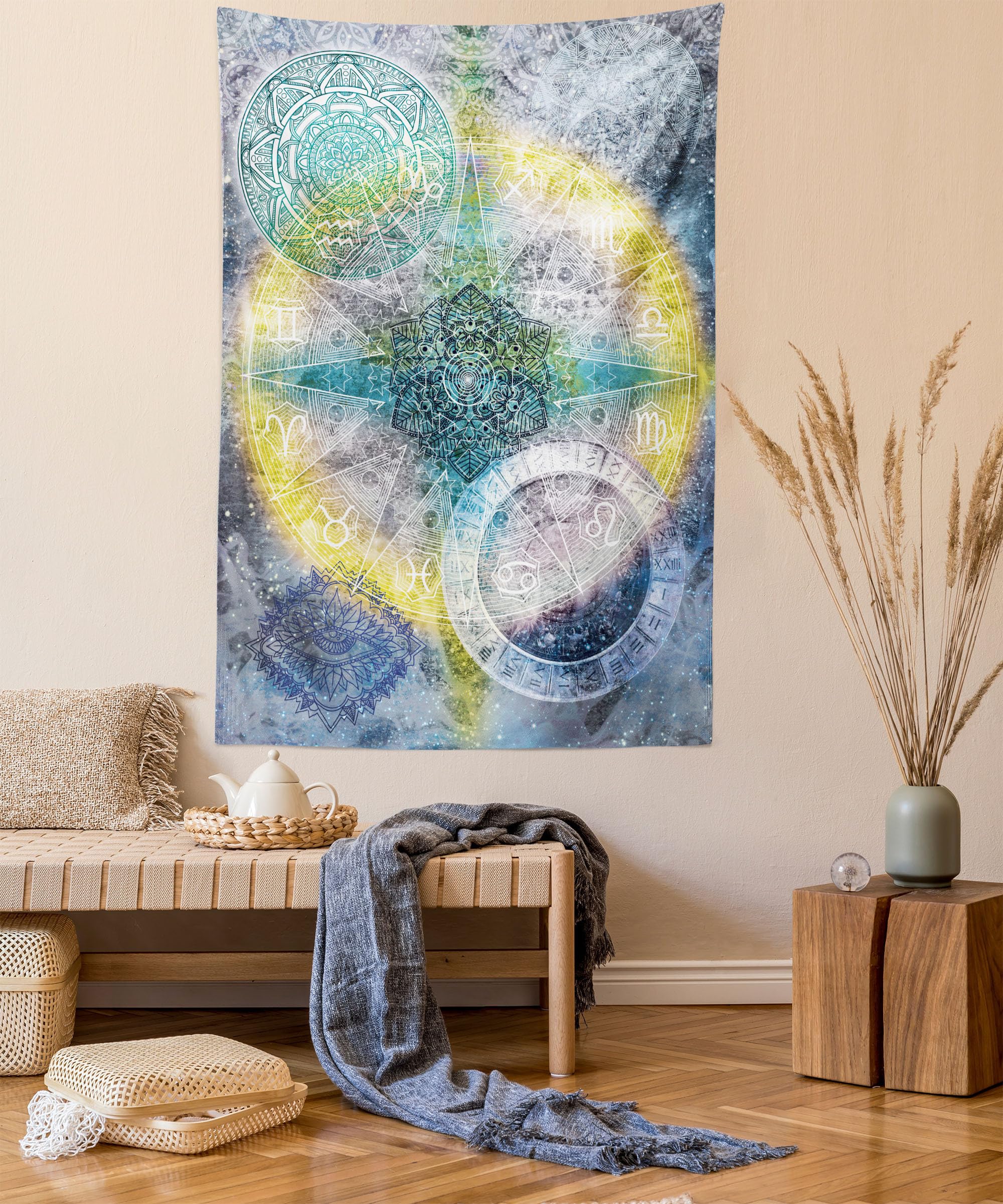 ABAKUHAUS Mandala Tapestry, Geometry Element Complex Oriental Motifs with Vivid Colors Star Pattern, Fabric Wall Hanging Decor for Bedroom Living Room Dorm, 54 W X 90 L, Grey Yellow