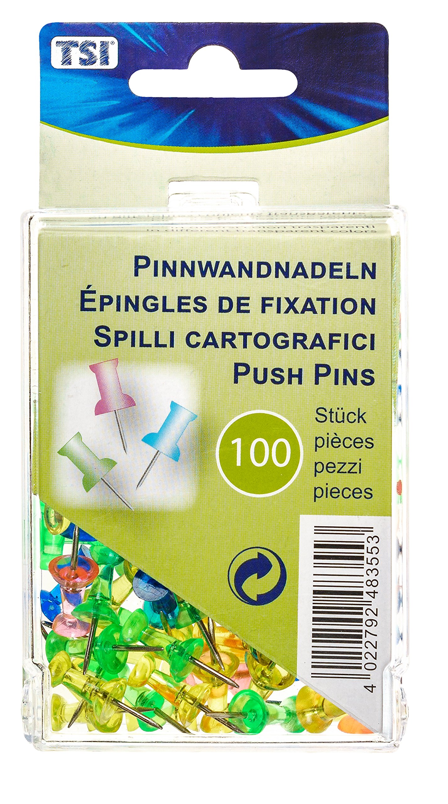 TSI 48355 Transparent Colourful Plastic Push Pins Pack of 100 in a Handy Storage Box