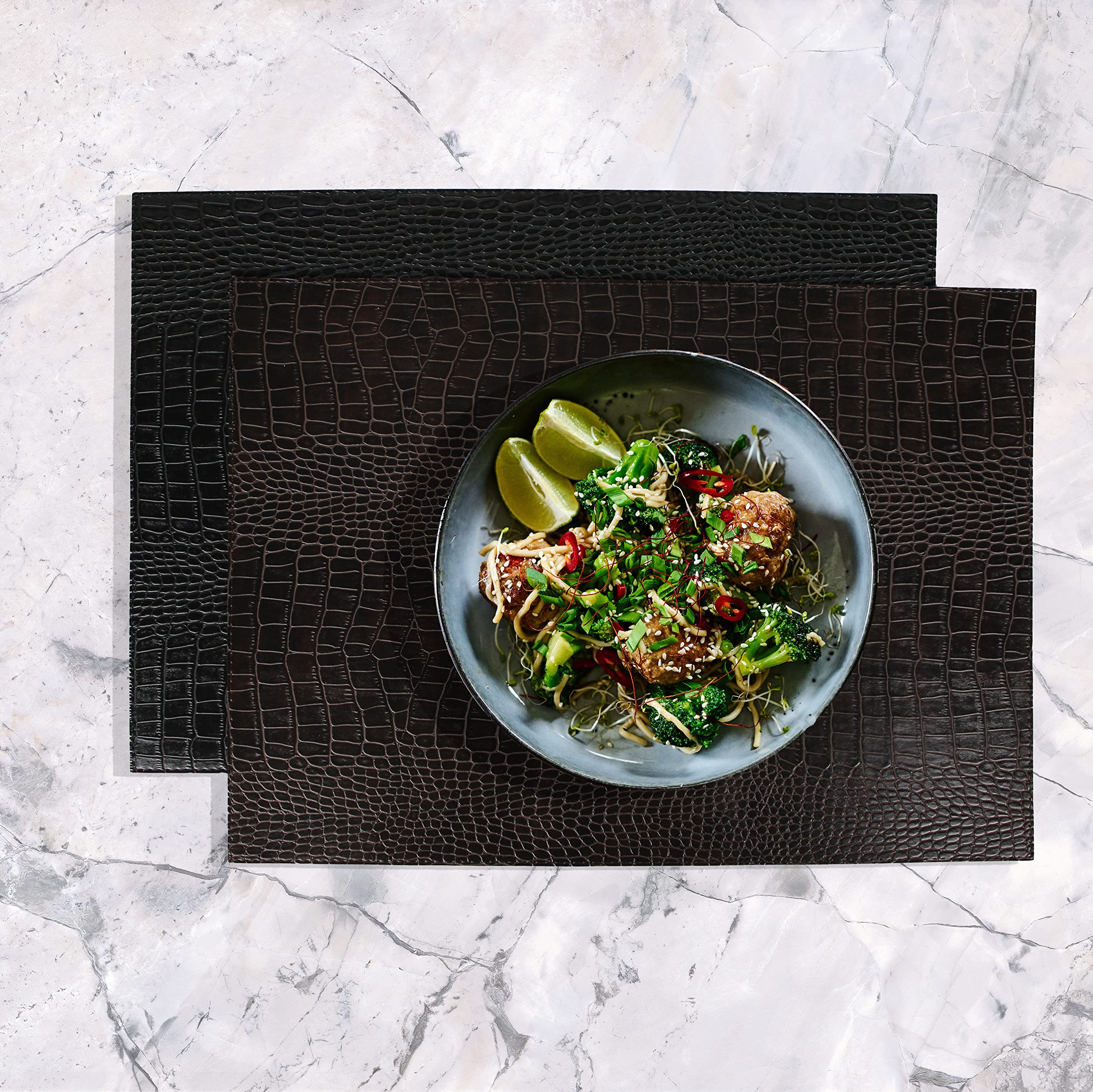 SIGNATURE HOME COLLECTION AP-104-A03 Table Set, Crocodile Print Leather, Set of 6, Reversible and Wipe-Clean, Black, 0.5 x 45 x 33 cm