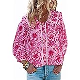 Cicy Bell Womens Floral Button Down Shirts Trendy Casual 3/4 Lantern Sleeve Blouse Square Neck Collared Tops