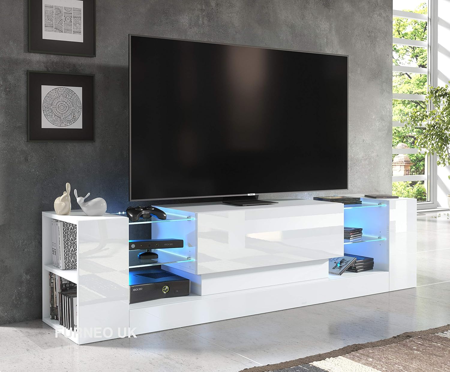 Furneo High Gloss White TV Stand 180cm Unit Volutto LED Lights