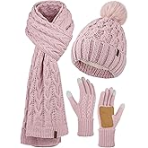 Aneco Women Winter Beanie Hat Scarf Gloves with Pom Pom Fleece Lined Touchscreen Gloves Set Thick Warm Knit Cap 3-in-1 Set