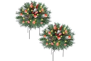 DR.DUDU 15 Inch Outdoor Christmas Decorations Urn Filler for Front Porch- 2 Pack Lighted Christmas Pot Fillers with Stake, Xmas Pine Trees with Timer for Outside Home Décor