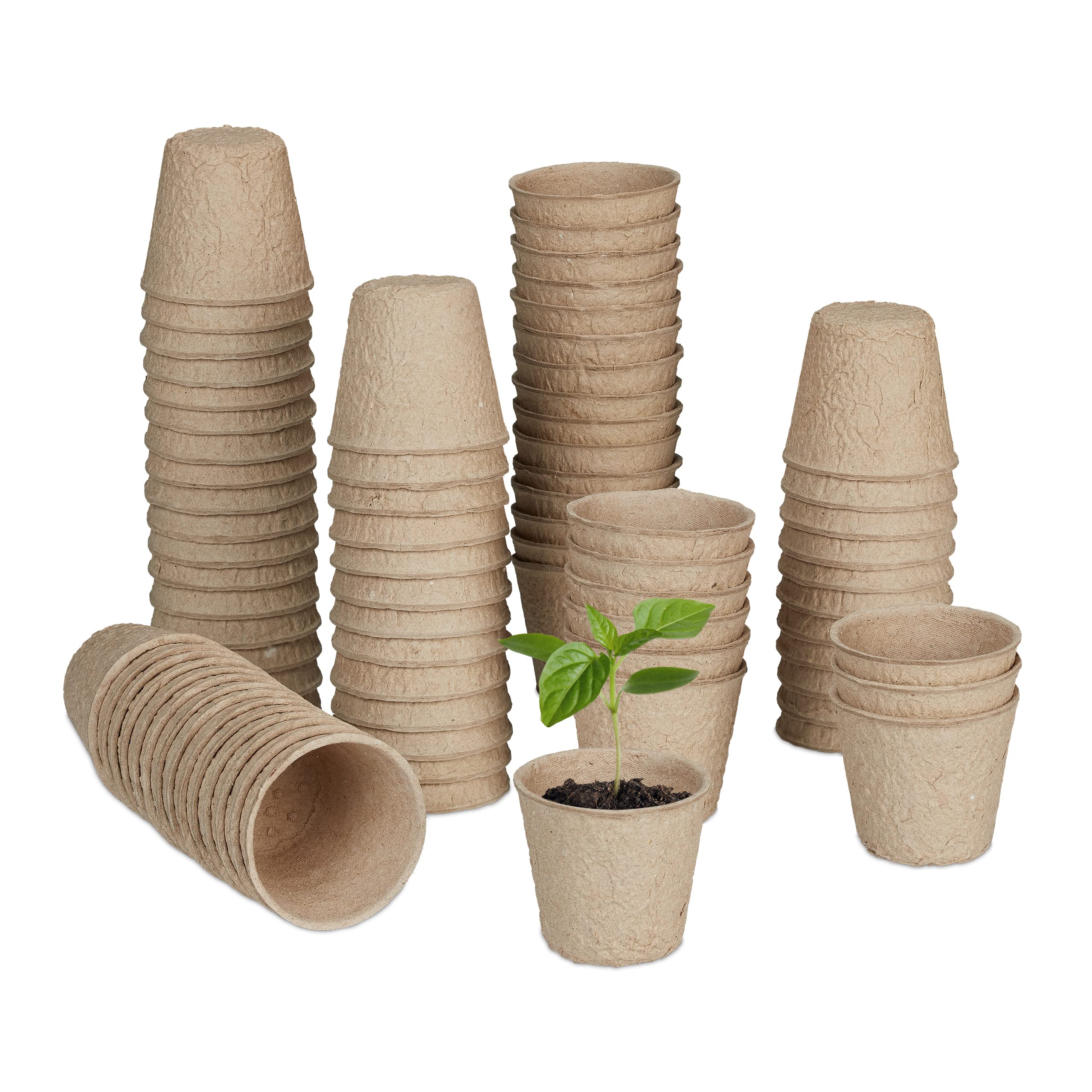 Relaxdays Propagator Pots Set of 80, Biodegradable, Cellulose, HxØ: 5x6 cm, Round Growing Containers for Seeds, Natural