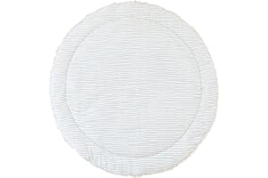 MakeMake Organics Organic Play Mat GOTS Certified Organic Cotton Nursery Floor Rug Washable Reversible Non Toxic Activity Mat Tummy Time Crawling Pad Thick Quilted (Round 48",Blue Stripes,Solid Ivory)