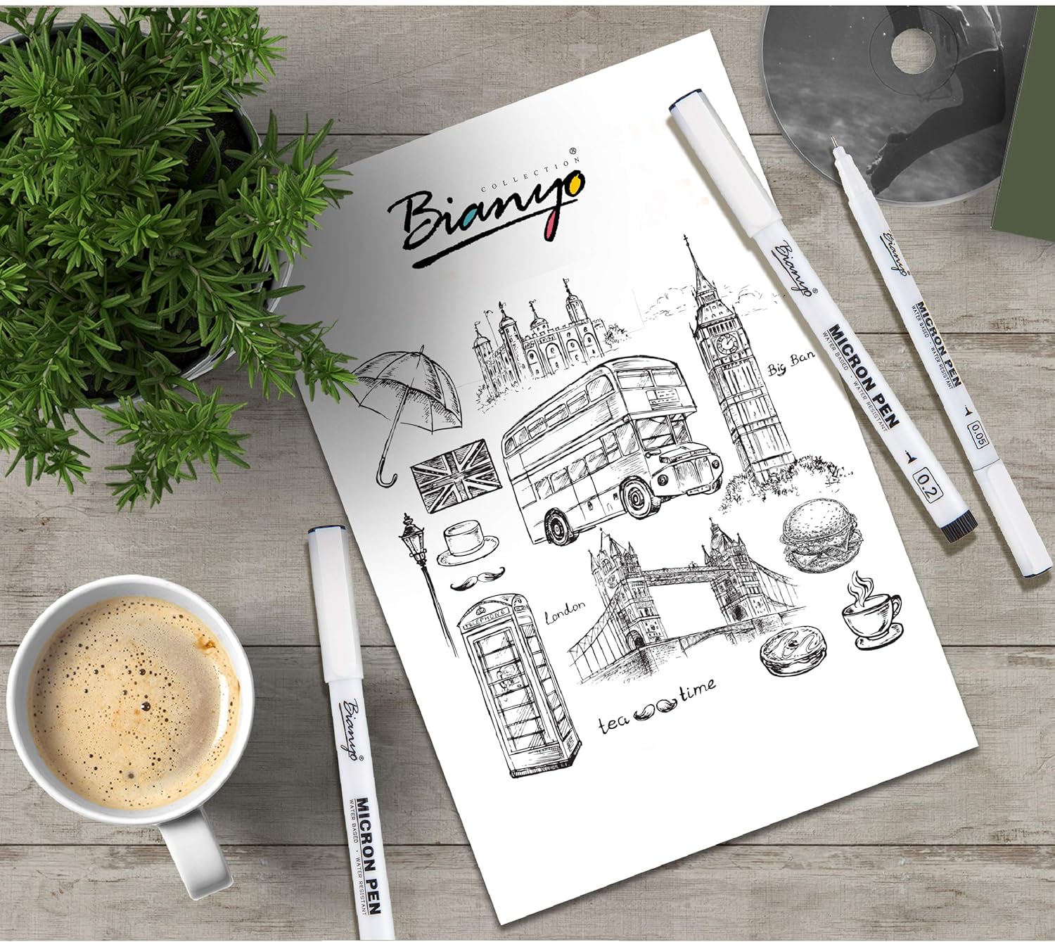 Bianyo Black Micro-Pen Fineliner Ink Pens, Water Resistant Archival Ink Pens for Watercolor Paint, Designing by Art Marker, Comics, Lettering, Journals, Illustration, Graphics, Sketching, Set Of 9 : Office Products