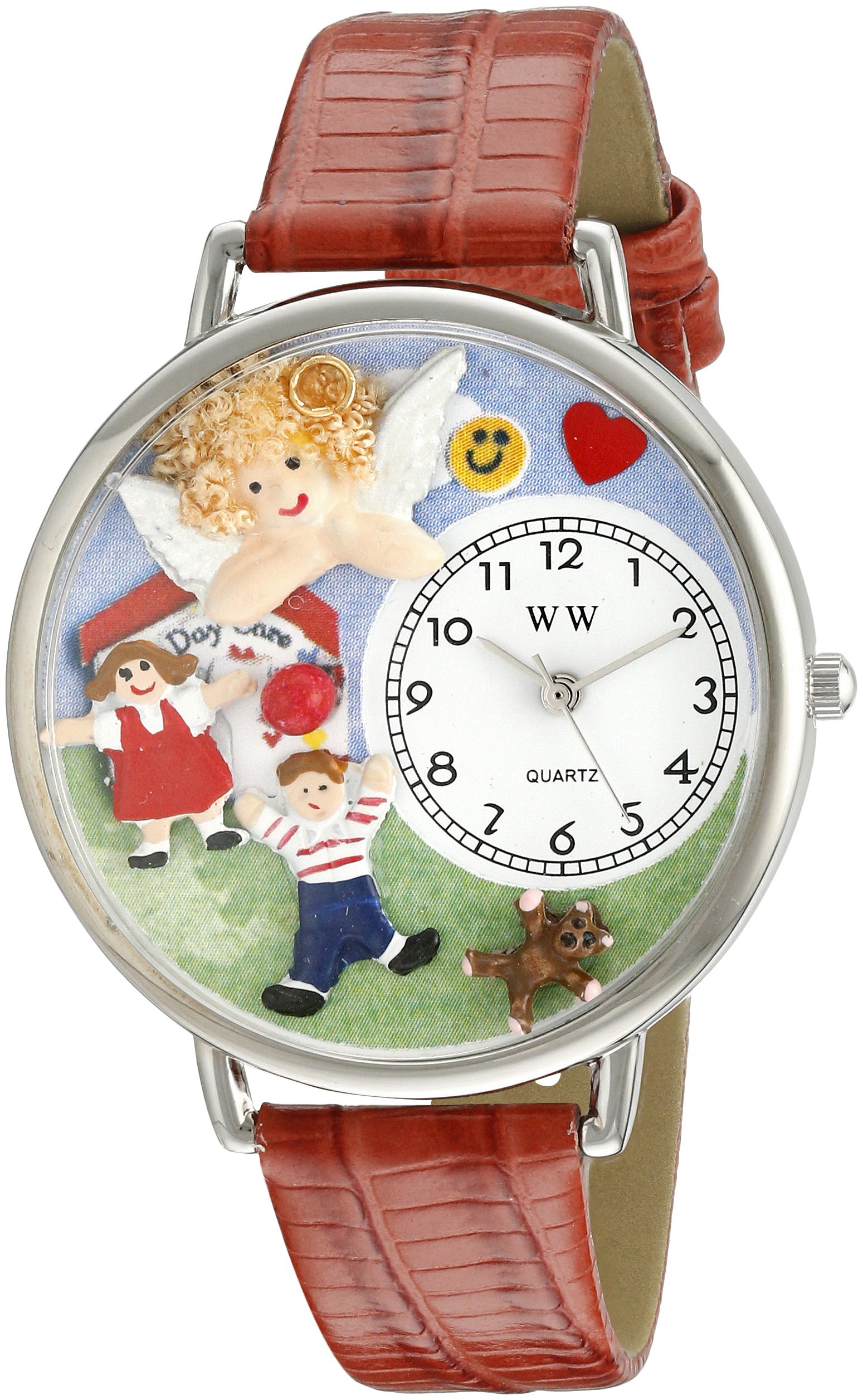 Whimsical Watches Day Care Teacher Red Leather and Silvertone Unisex Quartz Watch with White Dial Analogue Display and Multicolour Leather Strap U-0630015