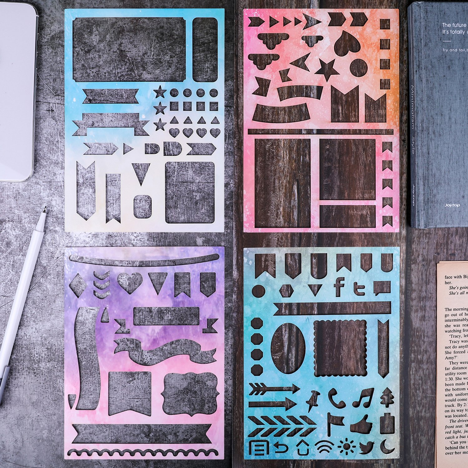 Bullet Journal Stencil Set of 4 Laminated Cardstock Journal Stencil, Banners, Dividers, Icons