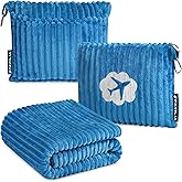 PAVILIA Travel Blanket Pillow in Soft Bag with Pockets, Airplane Blanket Set, Plane Blanket Compact Packable, Flight Essentials Car Pillow, Travelers Accessories Gifts, Luggage Strap, Turquoise