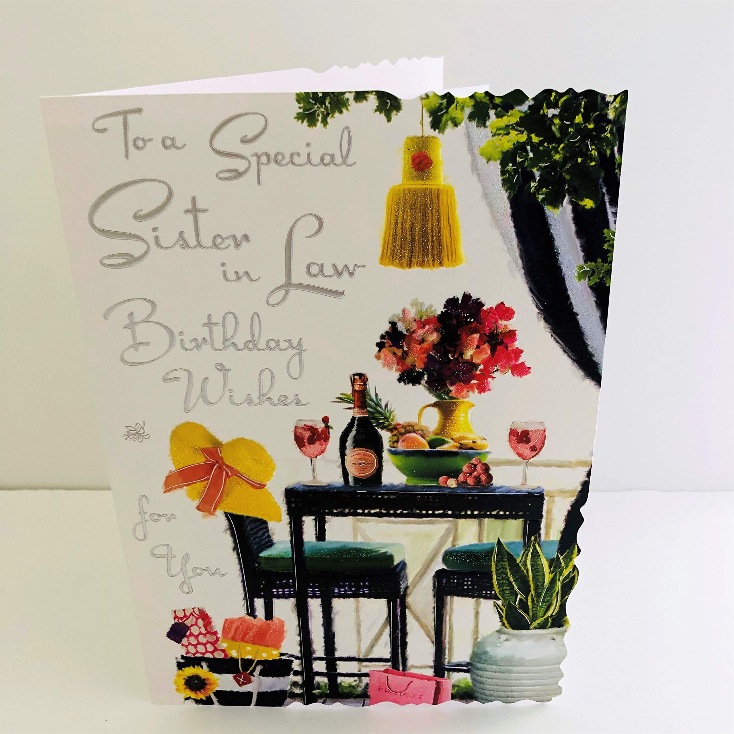 Jonny Javelin to A Special Sister in Law Birthday Wishes Card - Presents Flowers Pink Champagne