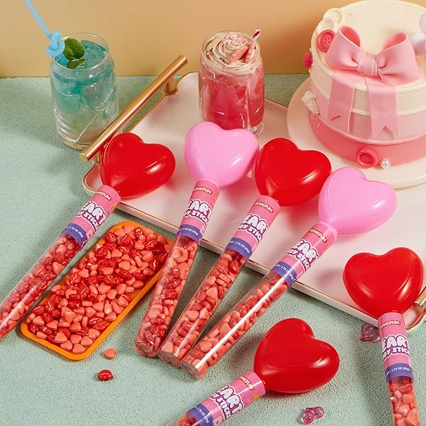 SYNCFUN 12PCS HEART SHAPE RED HARD CANDY WITH TUBE BUNDLE INDIVIDUALLY WRAPPED, SNACKS TINY STICK FOR PARTY FAVOR, REWARD PRIZES