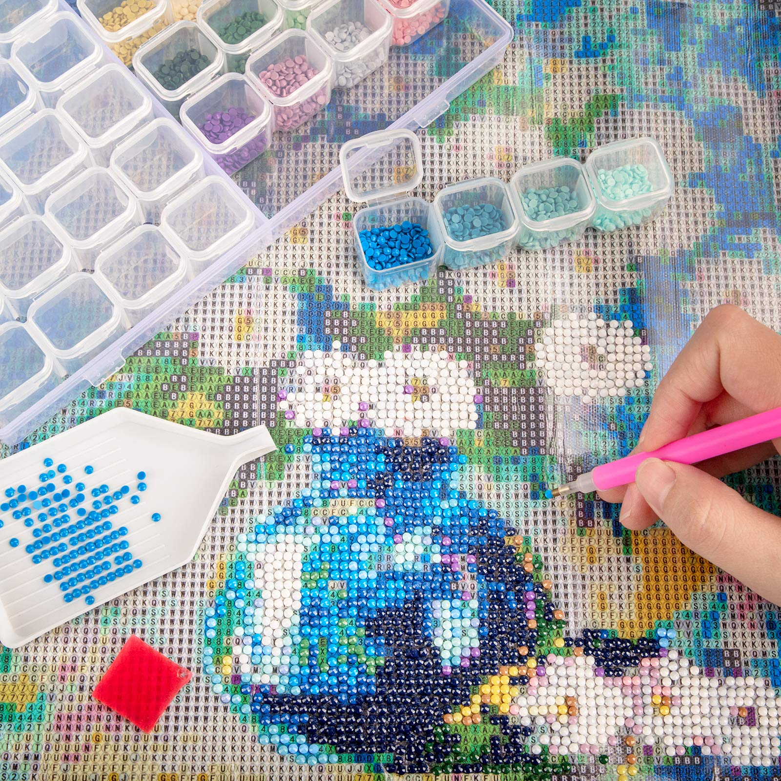 SGHUO 280 Slots 5 Pack 56 Grids Diamond Painting Storage Containers Plastic 5D Diamond Embroidery Storage Box with 400pcs Label Stickers for Sewing, Nail Diamonds, Diamond Painting Accessories