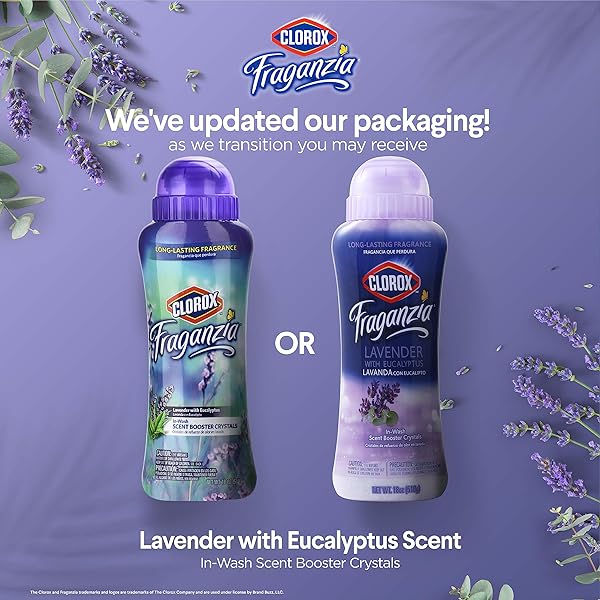 CLOROX FRAGANZIA LAUNDRY SCENT BOOSTER CRYSTALS IN LAVENDER WITH EUCALYPTUS SCENT, TWIN PACK, SCENTED IN-WASH FRESHENER BEADS FOR FRESH, CLEAN, GREAT SMELLING CLOTHES AND LINENS, 18 OZ – 2 PACK